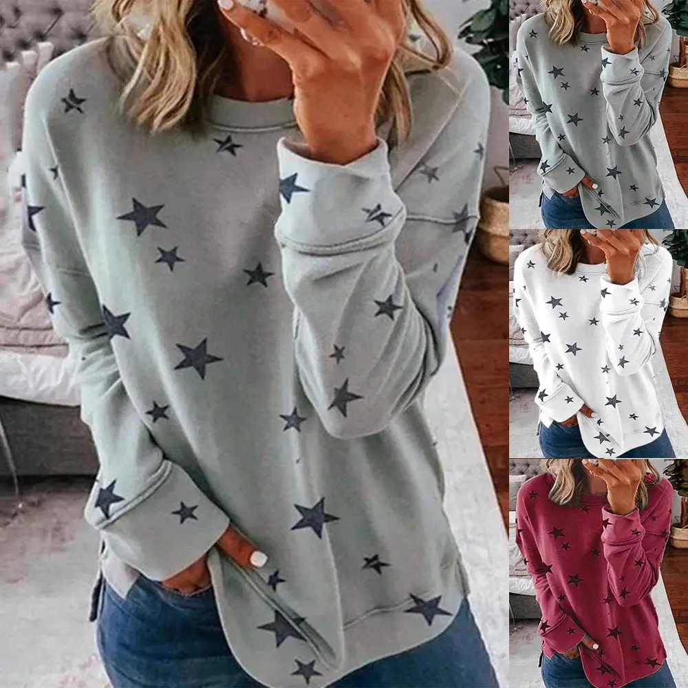 

Fashion Casual Spring/Autumn Women Blouses Star Printed Tops Pullover Polyester Round Neck Long Sleeve Ladies Tee Shirt Tops