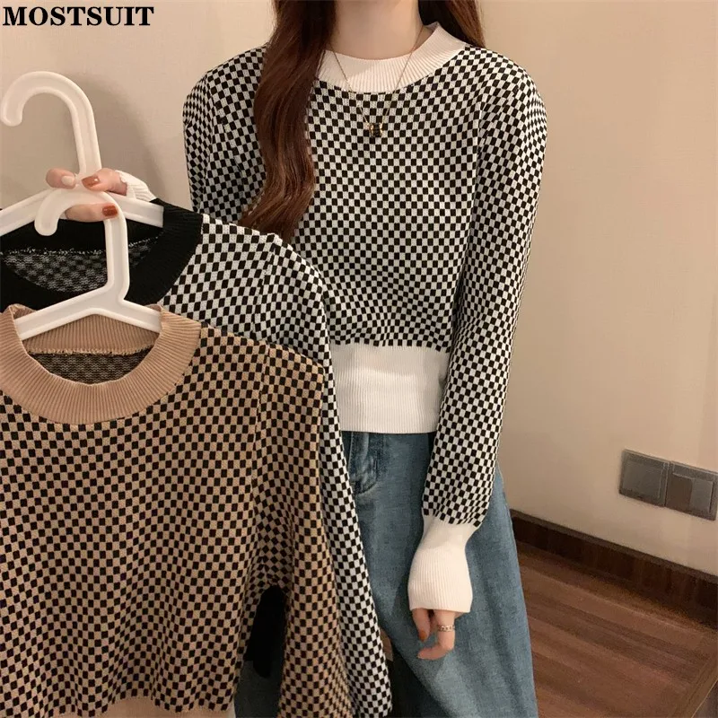 

Autumn Winter Checkerboard Knitted Sweater Women Full Sleeve O-neck Crop Tops Pullovers Fashion Chic Slim Ladies Jumpers