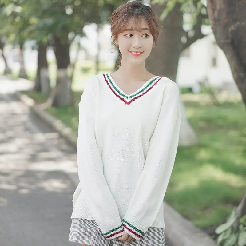 

Chic Khaki 2019 New Spring and Autumn V-neck Sweater Women's Loose Student Striped Contrast Color Knitwear Bottoming Women's