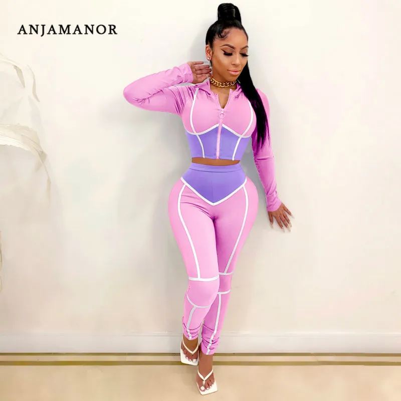 ANJAMANOR Caged Color Block Fashion Sweat Suits Women Tracksuit Zip Up Cropped Hoodie and Pants Two Piece Matching Sets D48-DE42