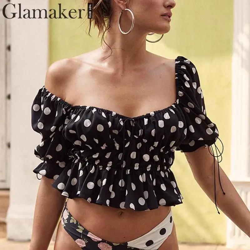 Glamaker, блузка в горошек с оборками, рубашка, Женская Осенняя блузка на шнуровке, укороченный топ, новинка, топ с пышными рукавами и квадратным воротником, зимний