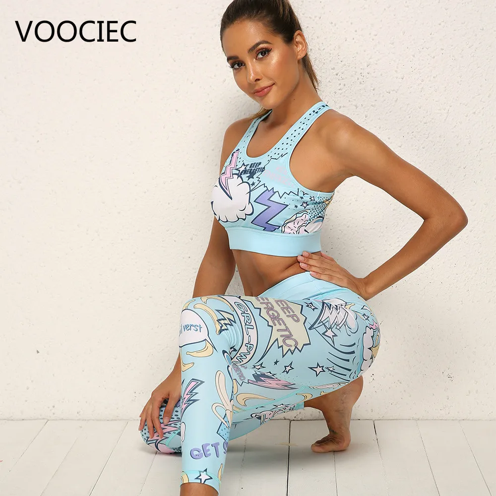 

Women Print Cartoon banana Boom Running Suits Sportswear High Waist Fitness Pants harajuku sports Set Gym workout clothes