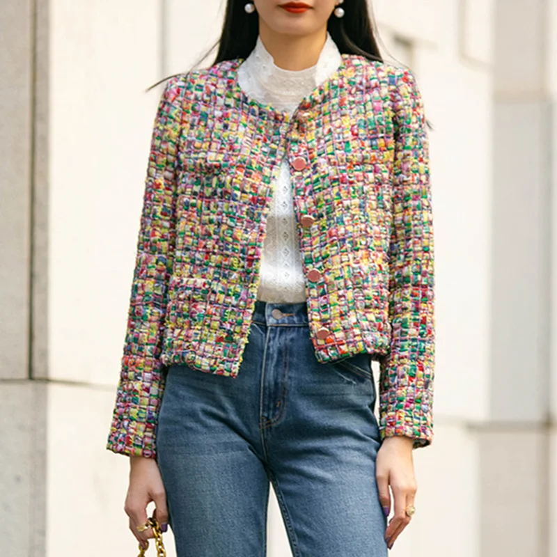 

Contrast Plaid Cropped Jacket Women 2021 Autumn Winter Harajuku Coat Women Round Neck Short Tweed Coat Designer Streetwear
