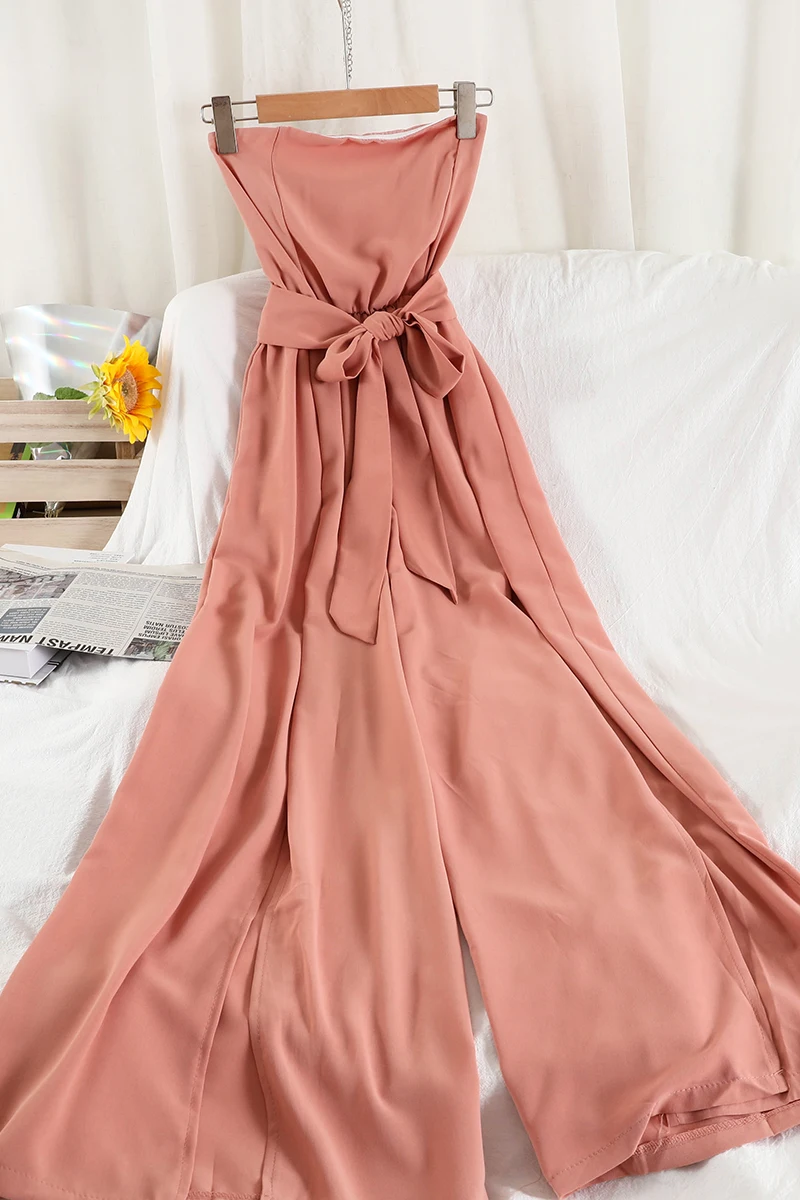 

Sexy Tube Top Jumpsuit High Waist Straight Split Wide Leg Pants New Western Style Casual Jumpsuit Women