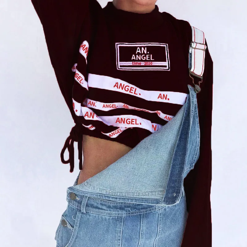 

Women's Casual Sweatshirt, Long Sleeve Drawstring Hem Letter Print Crop Top Pullover