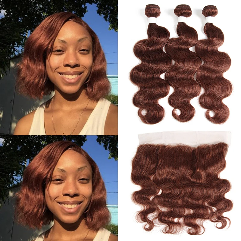

Brazilian Human Hair Bundles With Frontal Auburn Brown Body Wave Remy 100% Human Hair Weaves Bundle With Closure Cheap KEMY HAIR