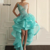 sevintage 2020 blue high front and low back cocktail dresses illusion neck organza lace appliques ruffle beads homecoming gowns