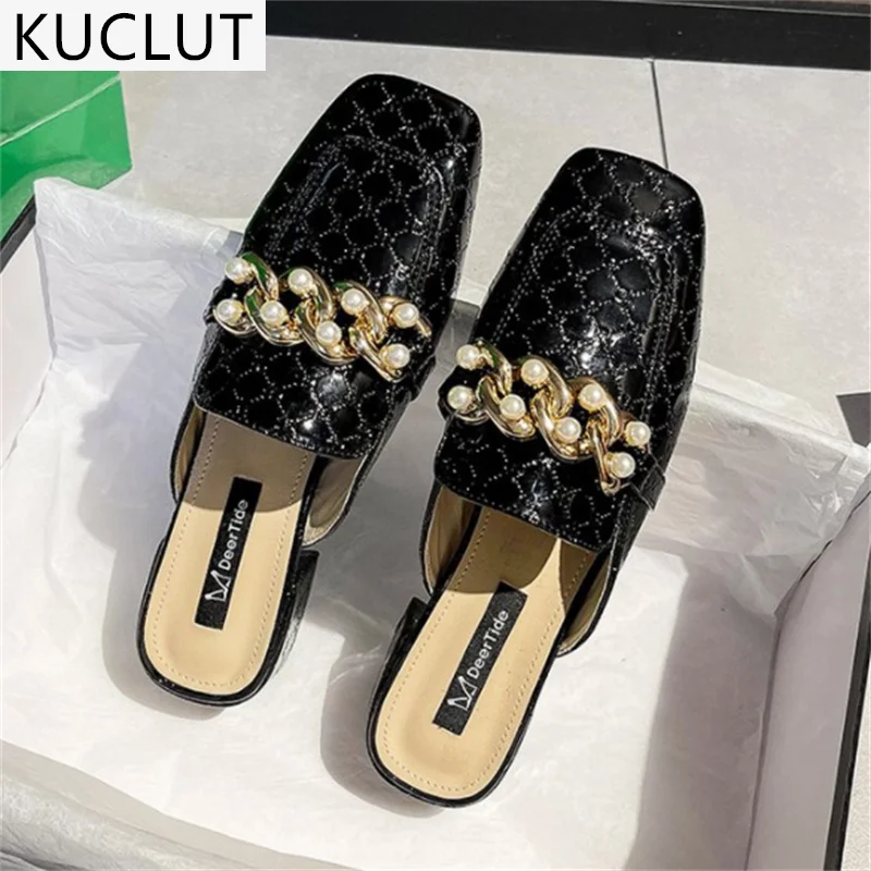 

2021 Summer New Women's Baotou Casual Slippers Fashion Pu Leather Square Head Low-heeled Set Foot Shoes for Woman Zapatos Mujer