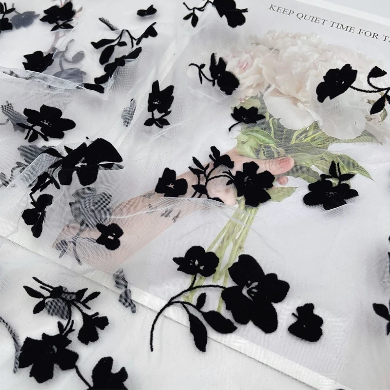 150cm Wide Rose Flower Flocked Net Gauze Fabric Soft Children's Tulle Skirt High Quality Bridal Dress Wedding Decor Mesh | Дом и сад
