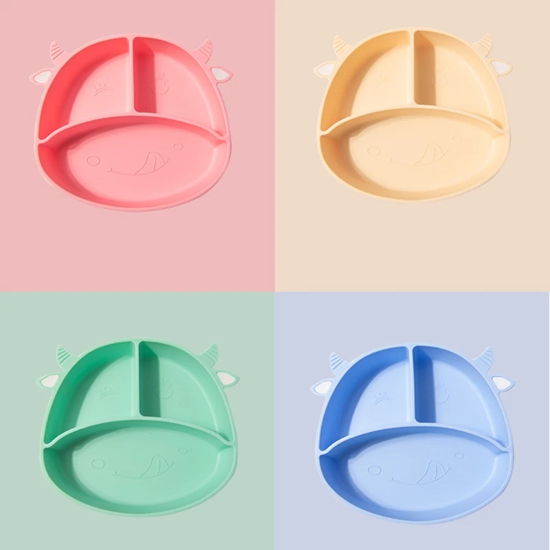 

Food Grade Silicone Cartoon Cows Baby Divided Suction Bowl Slip-resistant Children Dinner Plate Infant Learning Feeding
