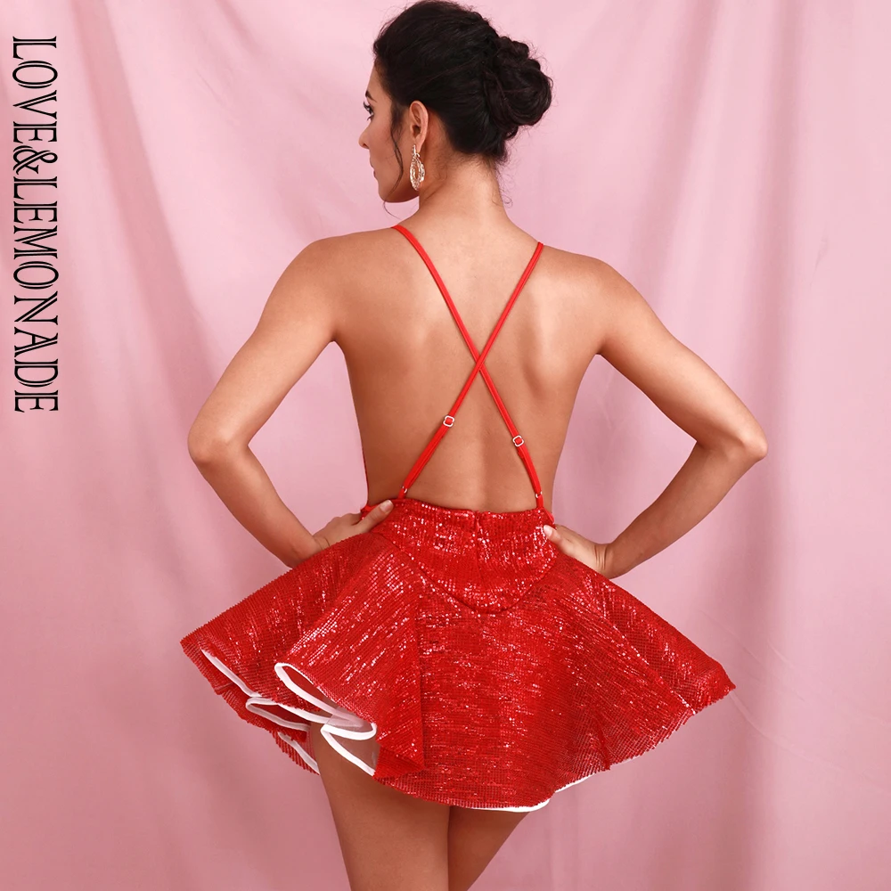 Женский костюм с блестками LOVE & LEMONADE красный пляжного типа глубоким V образным