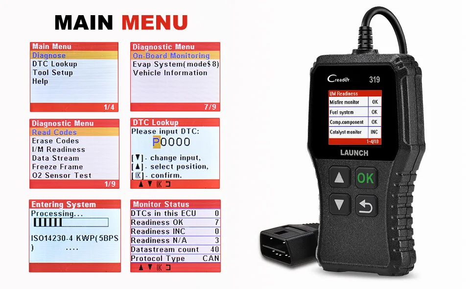 Launch Creader 319 OBD2 автомобильный сканер OBD Автомобильный диагностический инструмент русский код считыватель ODB2 OBDII OBD 2 ODB PK AD310 CR3001