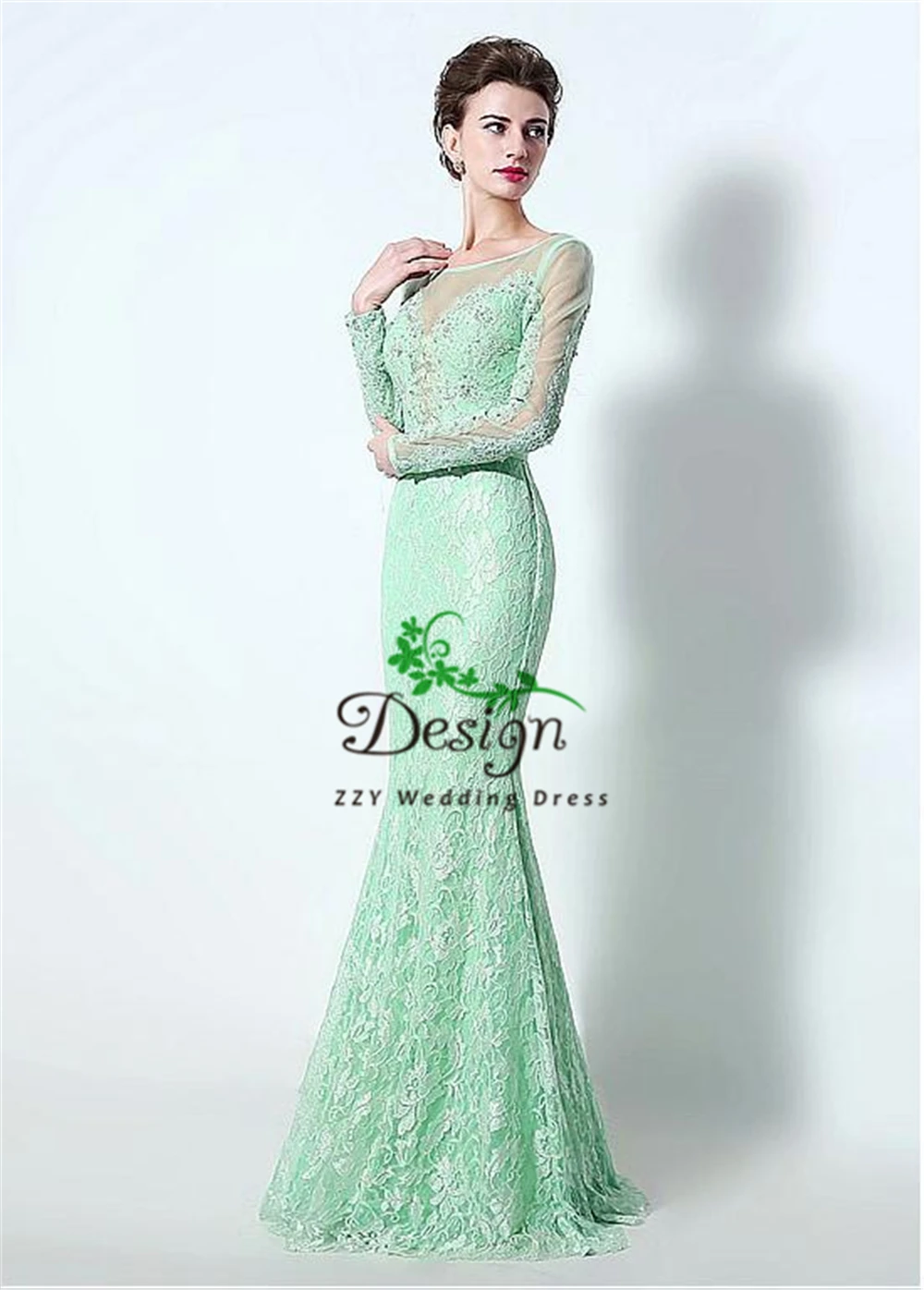 

Светильник зеленое, с длинным рукавом Совок кружевное платье с поясом, украшенном блестками Бисер длинное платье для матери невесты Оболоч...