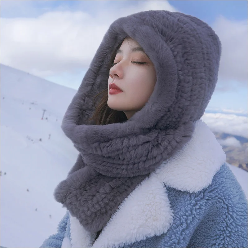 Шапка женская 2020 новый вязаный Настоящий мех кролика шапка с капюшоном шарф
