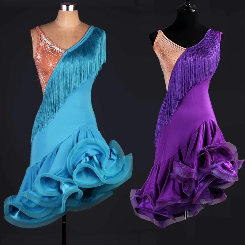 Женское платье для латиноамериканских танцев голубое или красное с кисточками