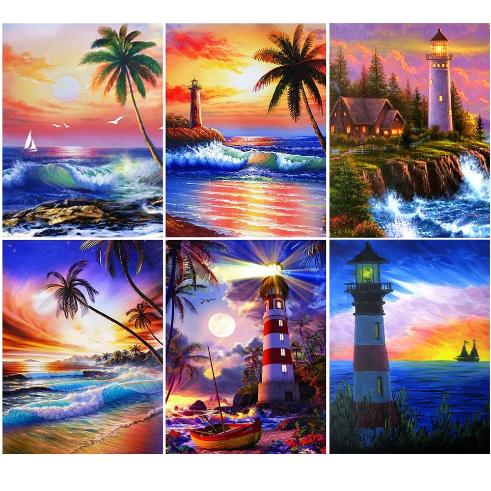

Beach Sunset Landscape Diamond Painting Cross Stitch 5D Diy Full Diamond Embroidered Mosaic Wall Artist Home Decoration