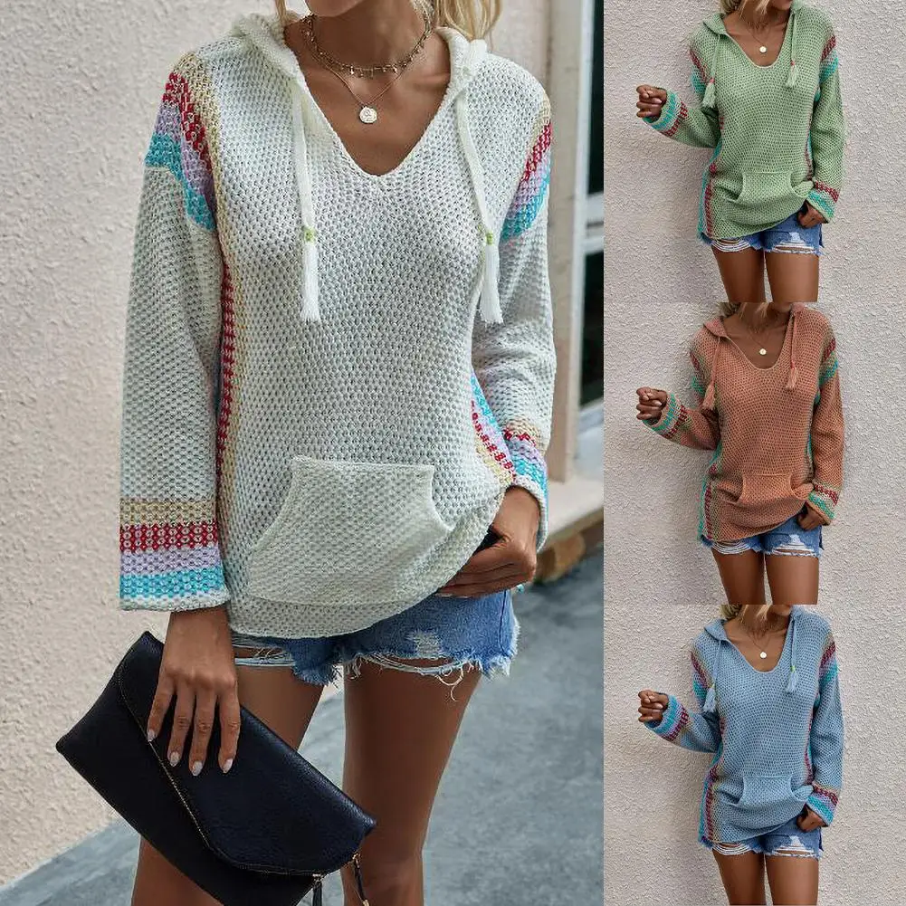 

Women Winter Long Sleeves V Neck Pullover Color-matching Knit Hoodie Sweater