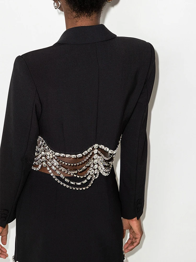 2021 Spring Women Clothing Black Deep V-Neck Short Slim Suit Sexy Drape Diamond Chain Open Waist Long-Sleeved Jacket Streetwear