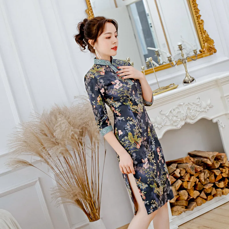 Высокого качества элегантная замшевая ткань Ципао китайский национальный стиль