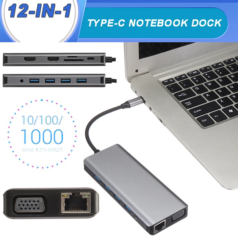 

Док-станция для ноутбука, USB 3,0, VGA, PD, 12 в 1