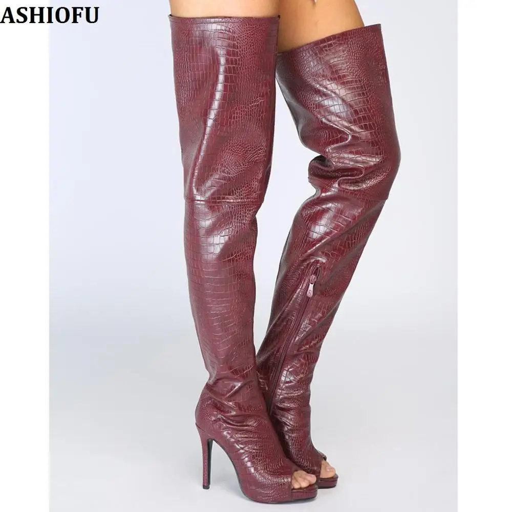 

ASHIOFU New Handmade Ladies Over Knee Boots Peep-toe Autumn Stocking Style Thigh High Boots Fashion Evening Club Long Boots