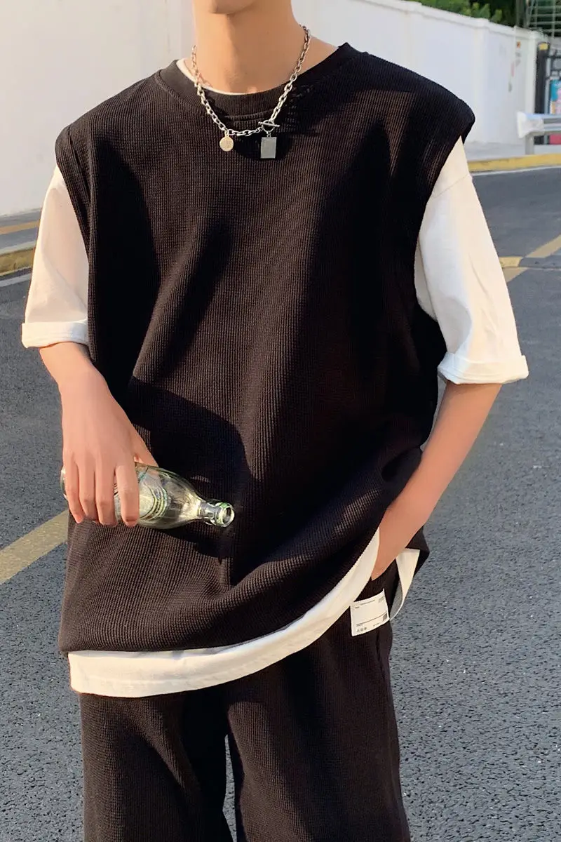 

New Retro Fall Academy Style V-neck Waffle Pocket Vest Sleeveless Hoodie Men Coat Men's And Women's Fashion Shirt