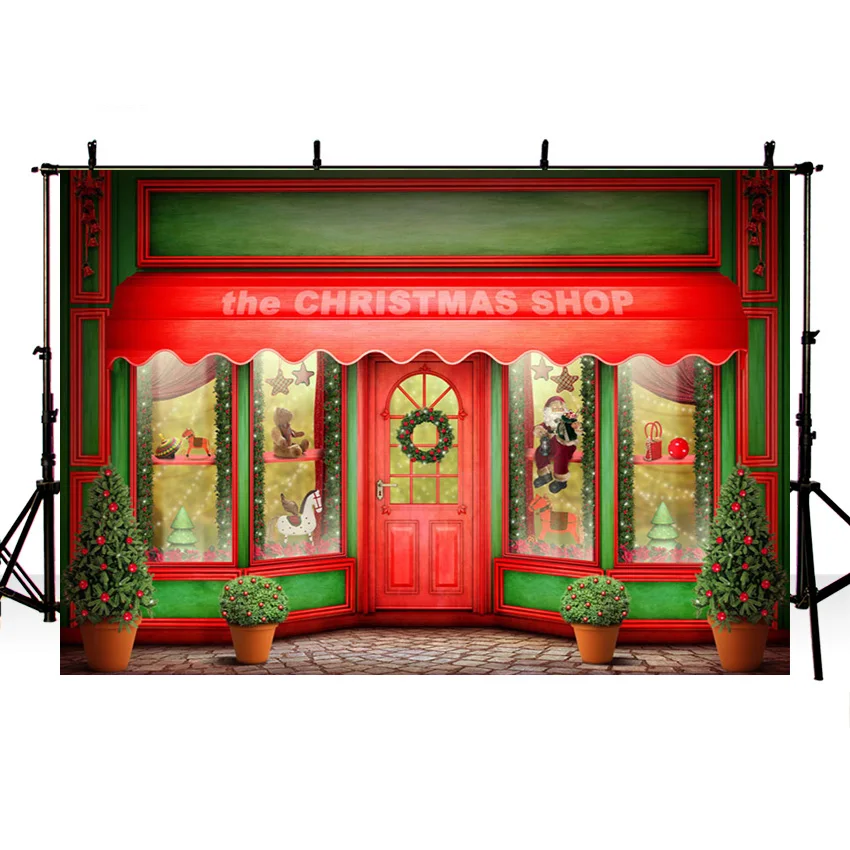 Фон для фотосъемки в рождественском магазине с изображением дерева магазина
