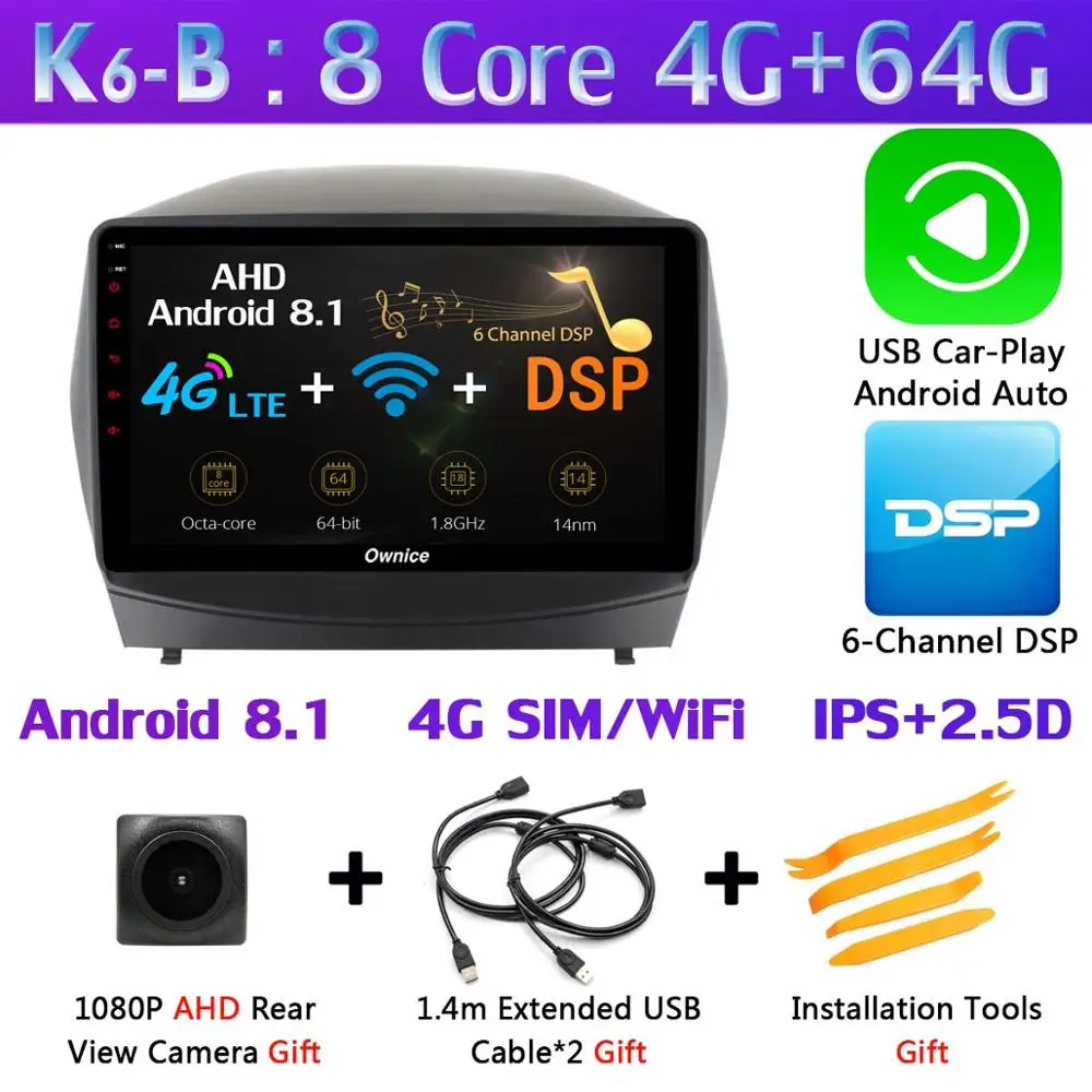 K6-B-CarPlay 360 ° панорамный 4 × камера Android 9,0 8 ядерный 4G+ 64G gps радио CarPlay SPDIF DSP Автомобильный мультимедийный плеер для hyundai IX35 Tucson 2 LM - Цвет: K6-B-CarPlay