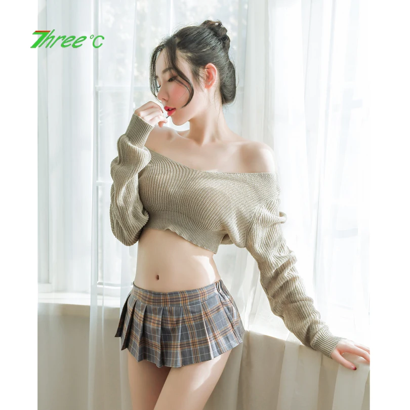 

Sexy New Women Long Sleeve Super Short Sweater Dress Suit Erotic Lingerie Kawaii Sweater Short Skirt Suit