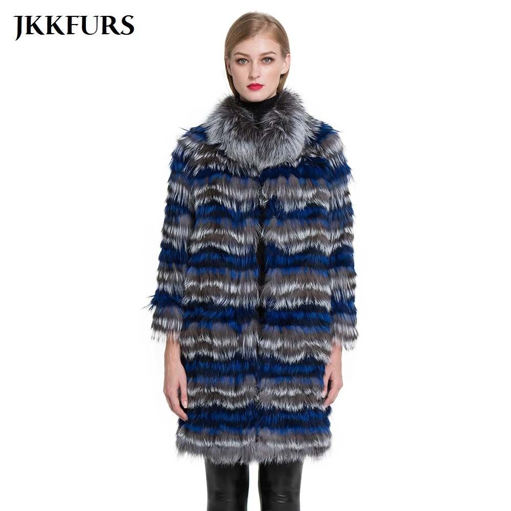 Женское длинное пальто из натурального меха серебристой лисы S7384|Шубы и дубленки|