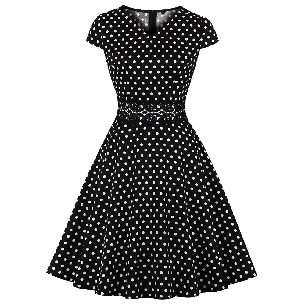 Женское винтажное платье в горошек черное из хлопка стиле ретро 60 х с V образным