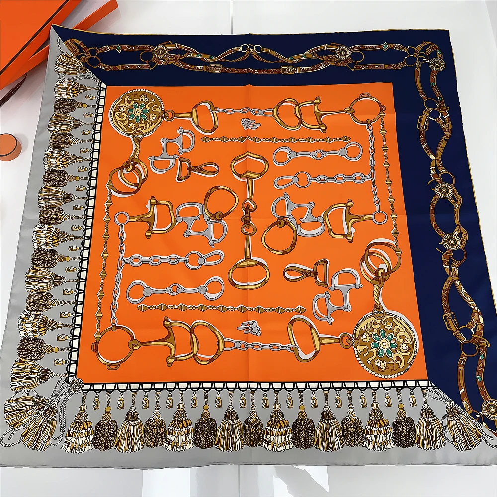 

Manual Hand Rolled Twill Silk Scarf Women Tassel Chain Print Square Scarves Wraps Echarpe Curled Foulards Femme Bandana Hijabs