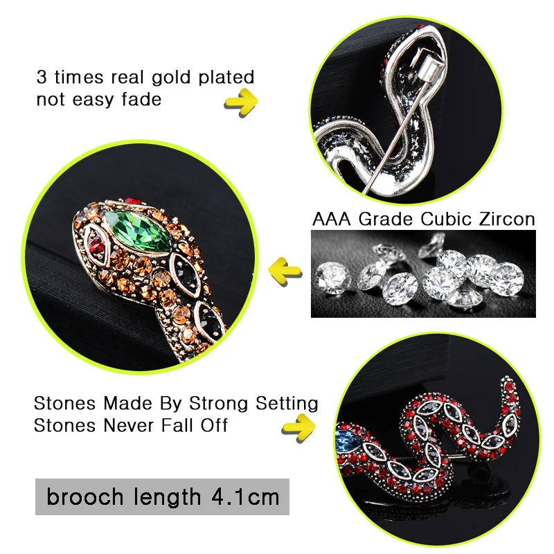 

LEEKER Solid Snake Brooch With Red Brown Grey Cubic Zircon Pin For Women Retro Jewelry 152 K2