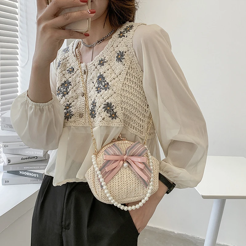 

Fashion Women's Crossbody Bags Summer Straw Beach Bag High Quality Female Shoulder Bag Bow Chain Handbag Designer Shopper Purse
