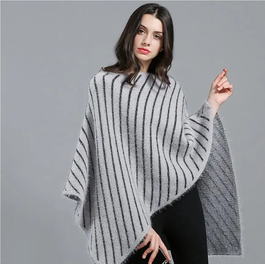 

Winter Warm Stripe Ponchos And Capes With Botton For Women Oversized Shawls Wraps Thick Cashmere Pashmina Female Bufanda Mujer