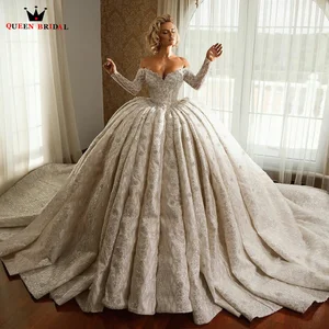 Luxurious Ball Gown Wedding Dresses Puffy Long Sleeve Tulle Lace Crystal Beading Sequins Princess Bridal Gown Custom Made JT02