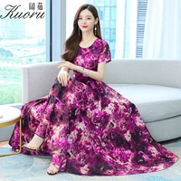 summer dress women 2022 short sleeve floral tunics purple chiffon sukienka boho vintage elegant o neck vestidos largos formales
