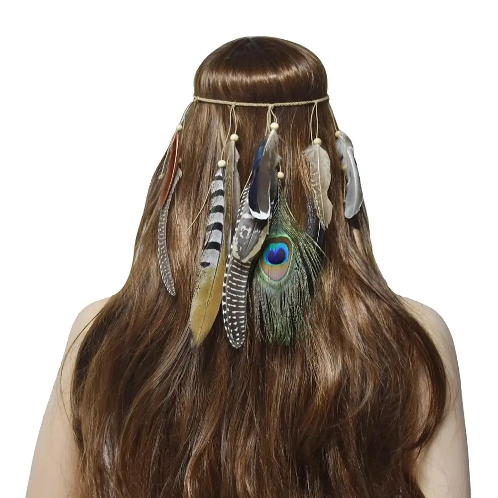 

Ethnic Adult Hair Band Peacock Feather Pendant Headband Leaves Rope Knitted Belt Elastic Hairwear Headdress Indian Boho Jewelry