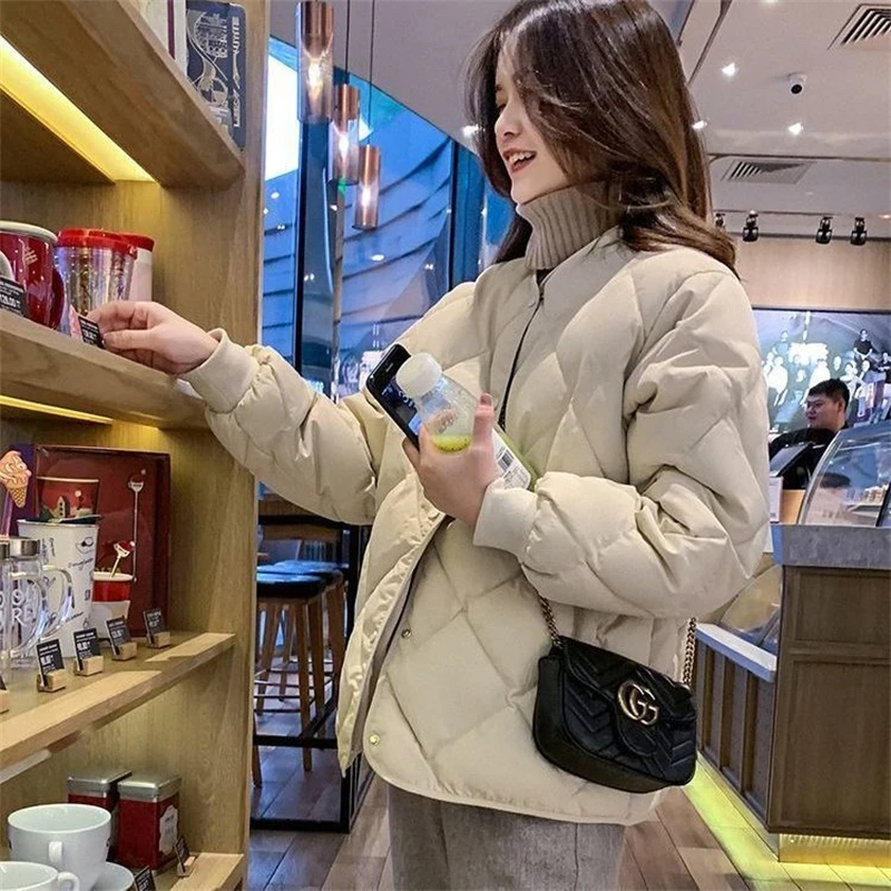 

Winter Coat for Women Down Coats Milk Tea Color Cotton Clothes Light Female Rhombic Cocoon Coat Women's Down Jackets Winter 2021