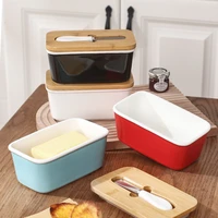 ceramic butter sealing box with wood and lid knife food dish cheese storage tray butter dish plate kitchen container box bowls