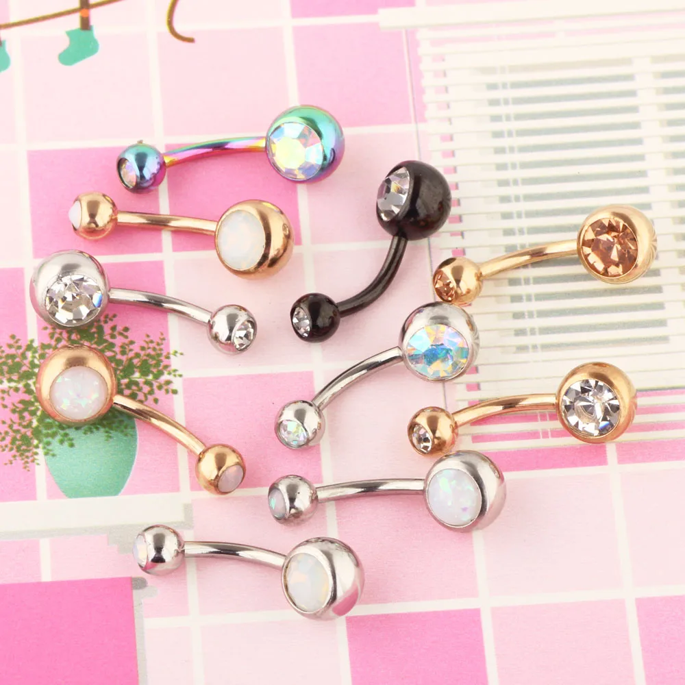 Кольцо для пирсинга пупка из хирургической стали с одним кристаллом и стразами