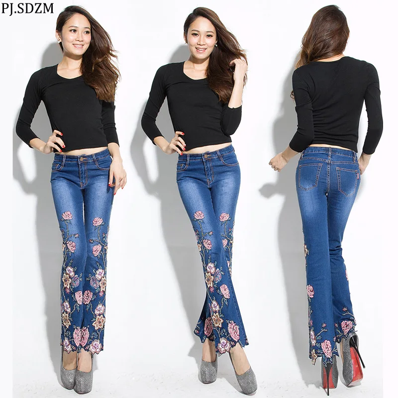 

PJ.SDZM высококлассные Стрейчевые джинсы ручной работы с бусинами, вышитые расклешенные брюки, Ретро стиль, яркая женская одежда KZ0001