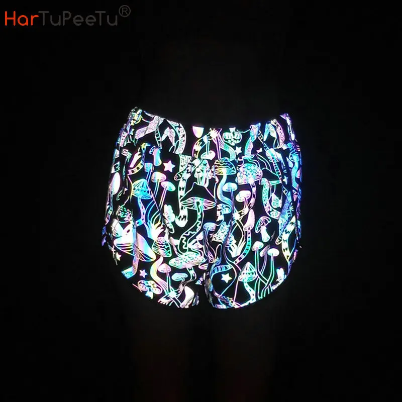 Rainbow Reflective Short Pants Women Dolphin Running Workout Shorts Yoga Sport Fitness Fluorescent Trousers Casual Night Jogger