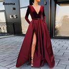 Атласные вечерние платья Booma бордового цвета с глубоким V-образным вырезом и длинными рукавами, бархатный топ с высоким разрезом сбоку, а-силуэт, официальное вечернее платье