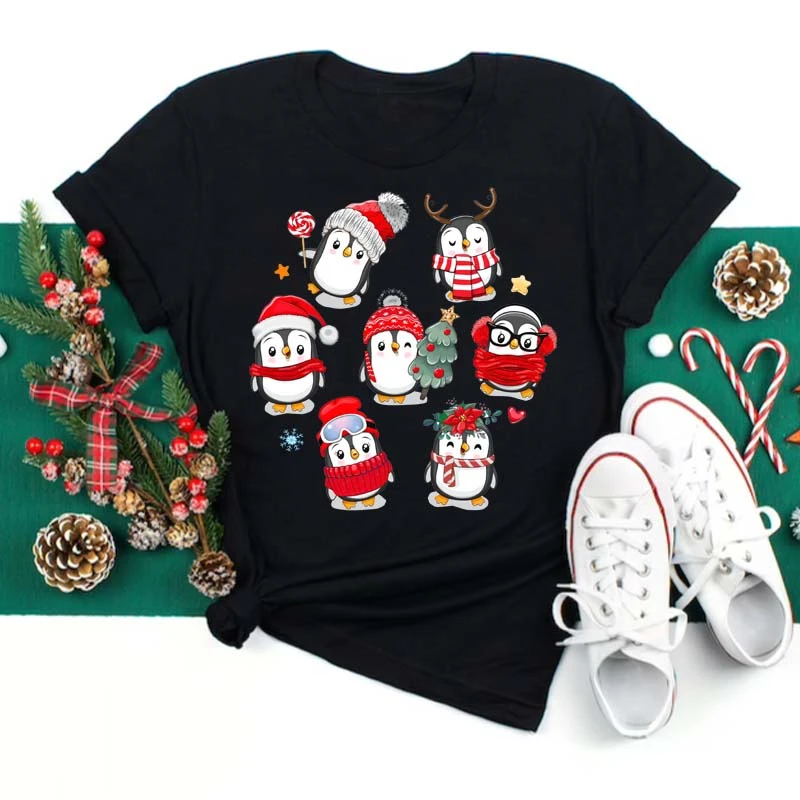 

FIXSYS Holiday New Year Merry Christmas Women Cartoon Happy Tshirts Clothes Cute Penguin Graphic Female Tops Ladies T-shirts