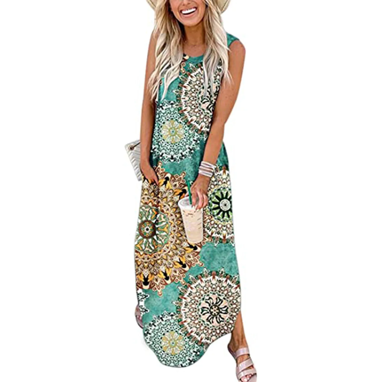 

Bohemian Maxi Dress Women Summer Floral Maxi Dress Strap Sundress Vintage Flower Boho Beach Hippie Loose Dress Vestidos Mujer