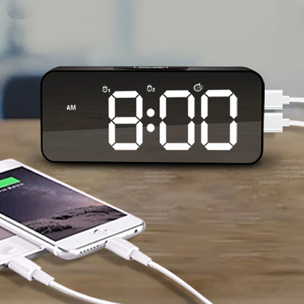 big digital led mirror music alarm clock snooze home wall decoration bedroom desk phone charger clock sound control backlight free global shipping