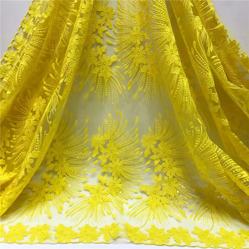 2019 Горячая продажа белое + желтое вышитое Африканское кружево ткань высокого