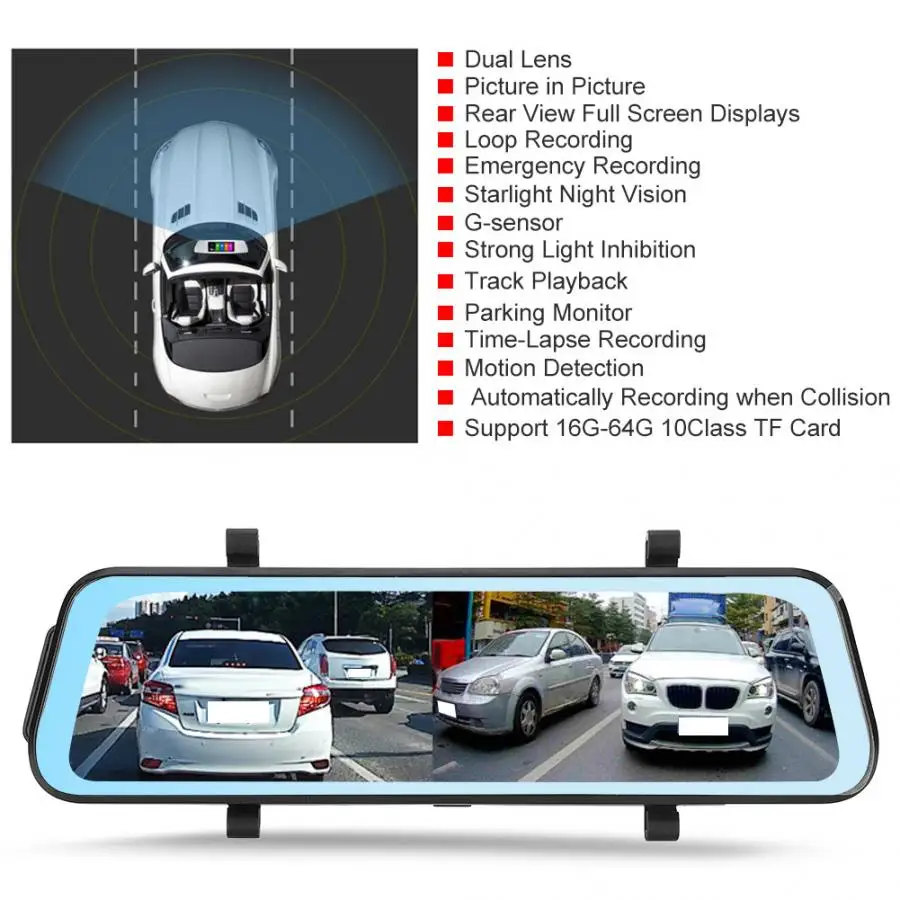 Автомобильный видеорегистратор 10in 1080P с сенсорным экраном двойным объективом