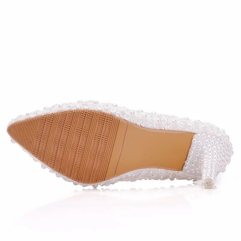 Fashion women thin high heels sexy party shoes women pumps wedding banquet Lace PU Rhinestones Slip On 9.5CM Pointed Toe white